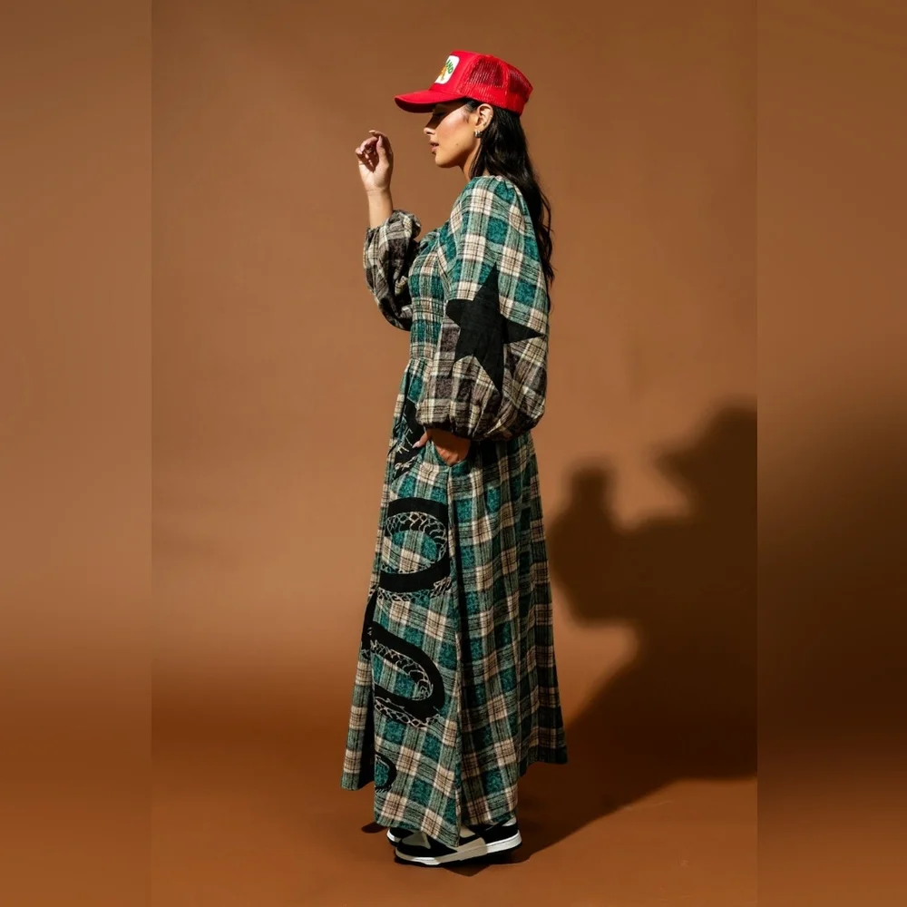 Dressed In LALA Sweet Revenge Smocked Plaid Snake Dress Size Medium - Picture 3 of 12